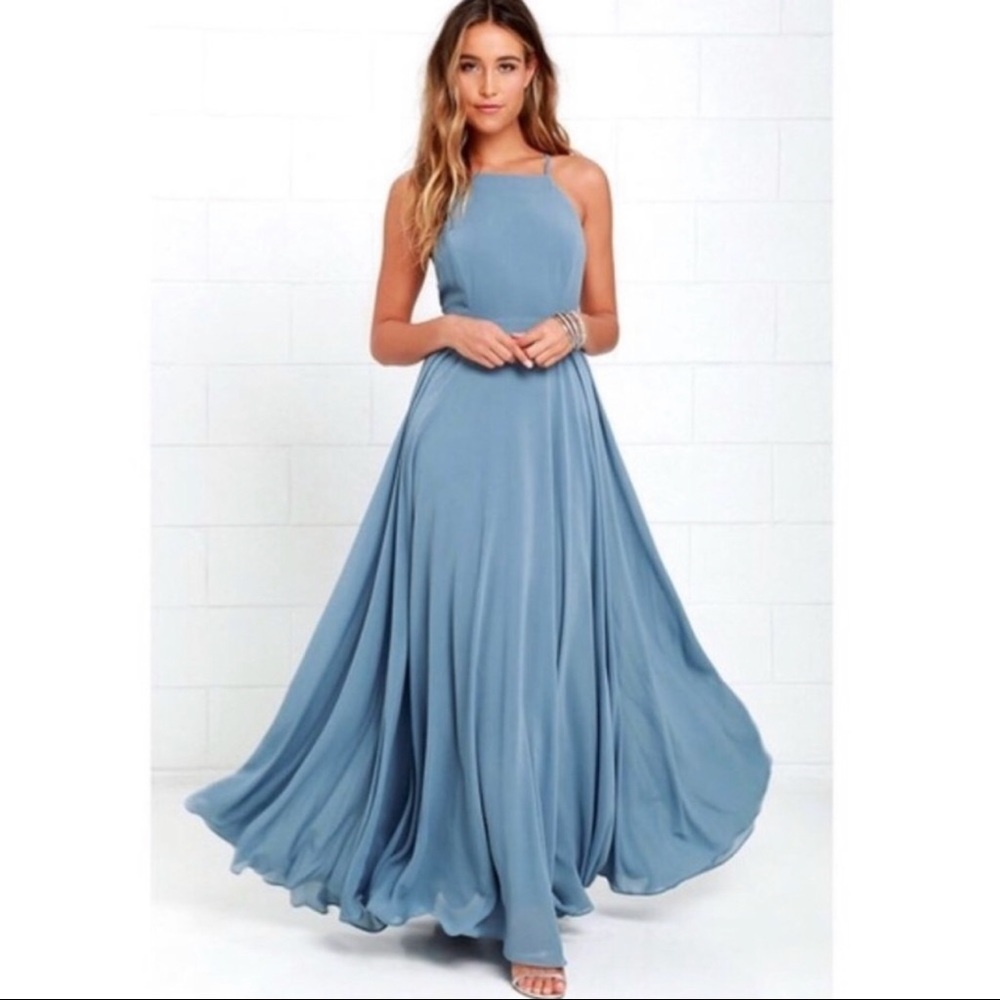 M Lulu's Mythical Kind Of Love Slate Blue Backless Maxi Dress Long Flowy